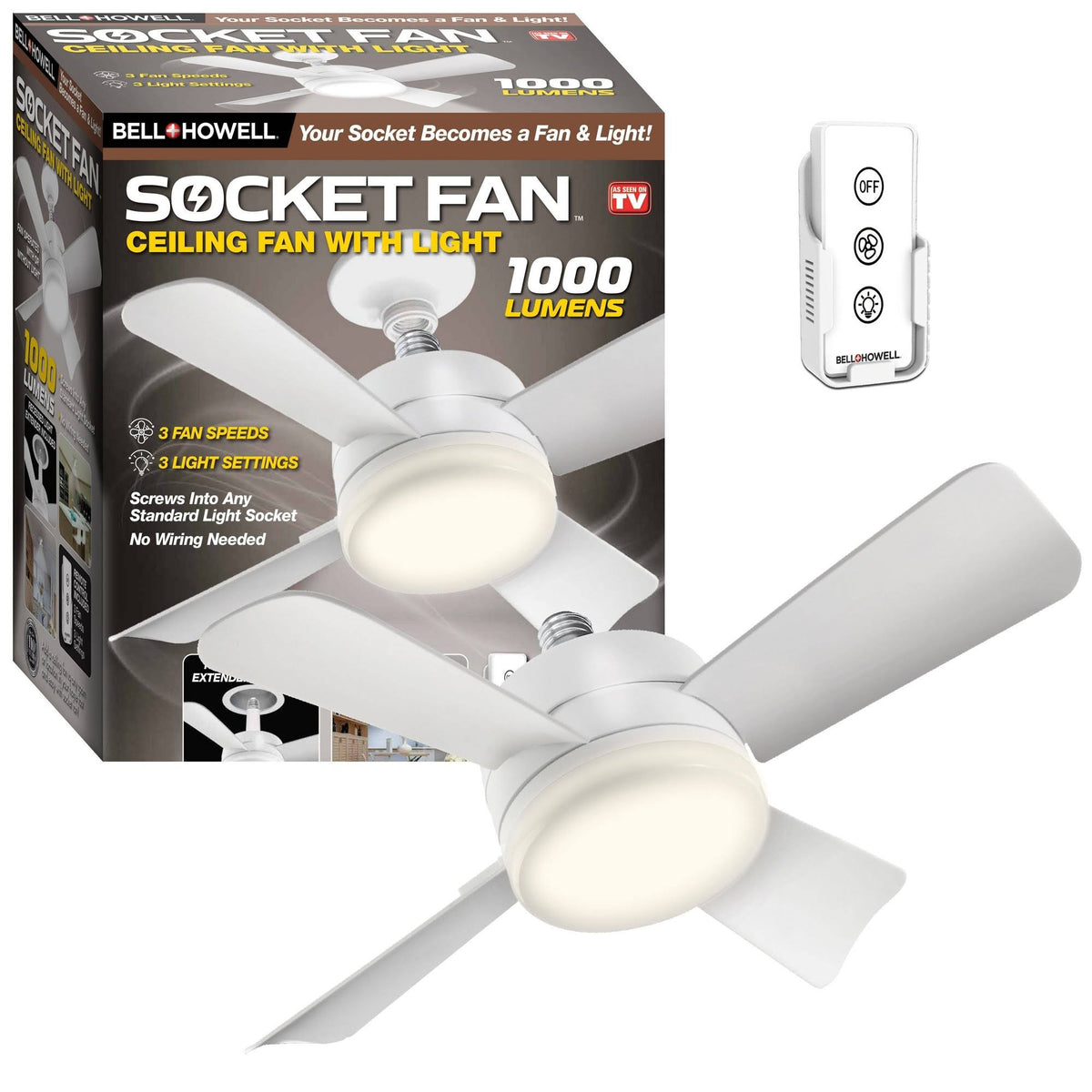 Socket Ceiling Fan with Warm Light and Remote Control 1000 Lumens Bell + Howell
