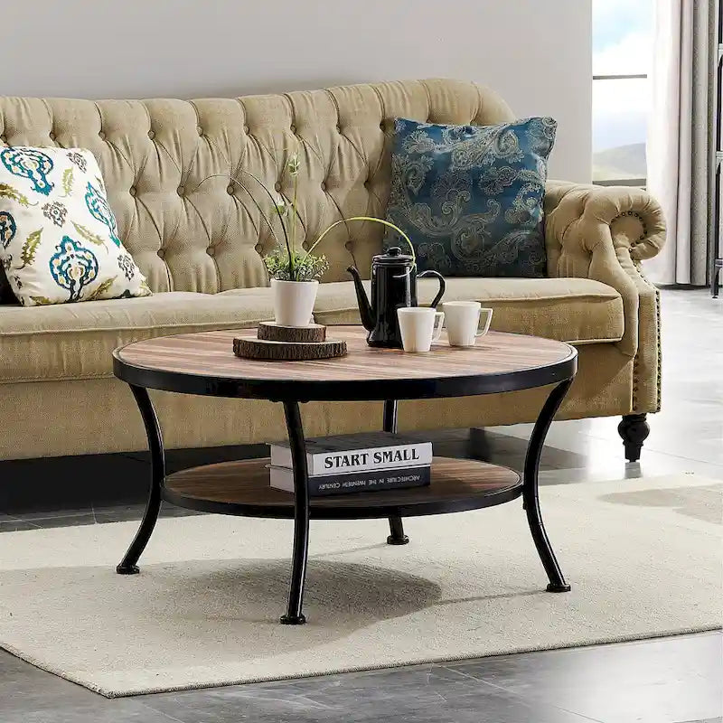 Myhozm Industrial Round Metal Coffee Table with Shelf – for Living Room, Home Office, and Bedroom