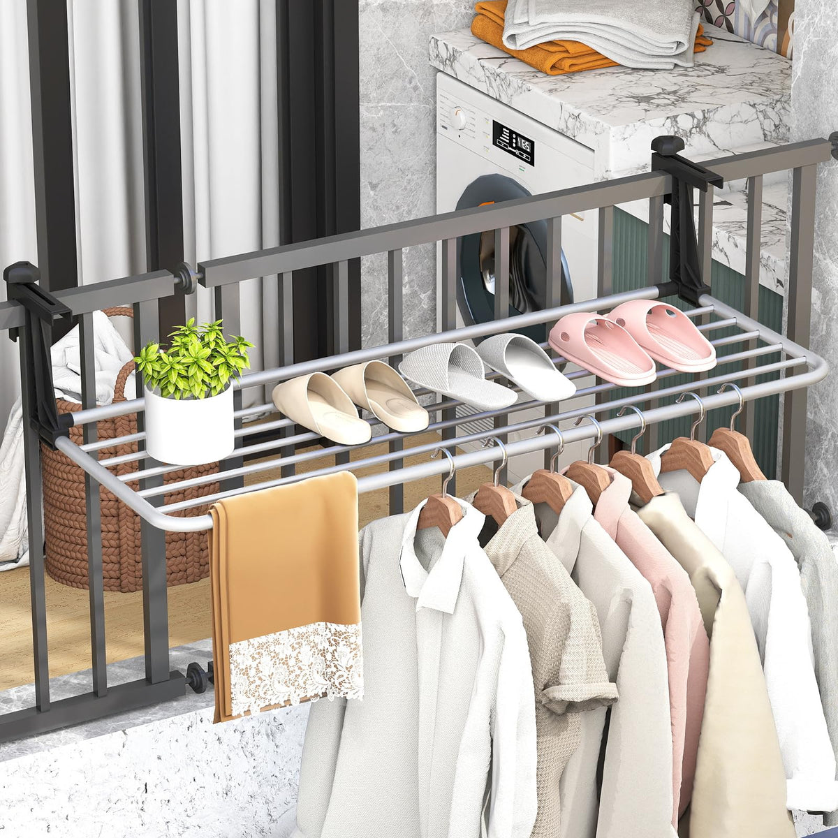 Tangkula Portable Clothes Drying Rack - Extendable Radiator Clothes Airer with Robust Aluminum Frame for Balcony Railings Windowsill
